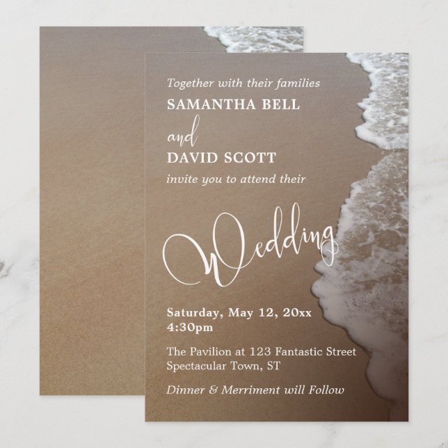 Sand & Foam Beach Photo & Typography Wedding 2b Invitation (Front/Back)