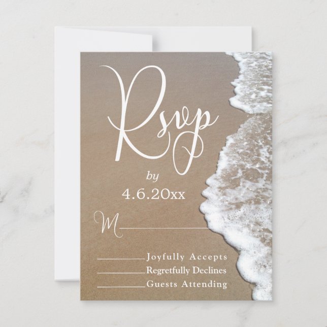 Sand & Foam Beach Photo/Typography Wedding RSVP 2 Card (Front)