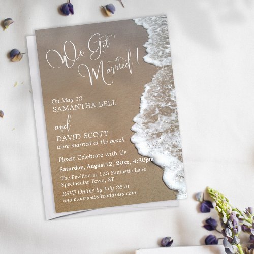 Sand  Foam Beach Photo We Got Married in White Invitation