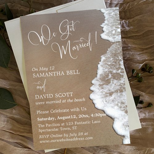 Sand  Foam Beach Photo We Got Married White Text Invitation