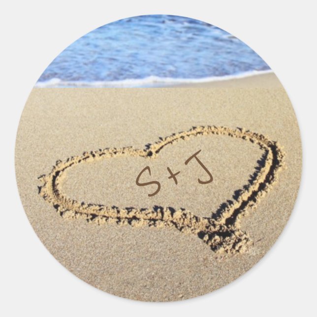 Sand Heart Initials Beach Destination Wedding Classic Round Sticker (Front)