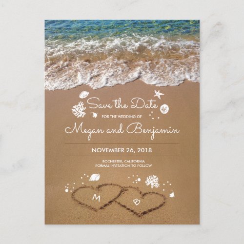 Sand Hearts Beach Summer Save The Date Announcement Postcard - Beach sea waves and sand hearts romantic tropical summer wedding save the date postcards. Please push the 'customize' button to edit font size, move ocean treasures, write on the backside etc.