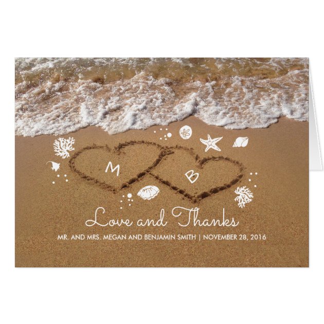 Sand Hearts Beach Waves Summer Wedding Thank You Card