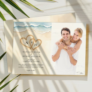 Sand Hearts Beach Wedding Photo Invitation Beige