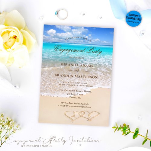 Sand Hearts Blue Ocean Beach Engagement Party Invitation