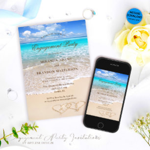 Sand Hearts Blue Ocean Beach Engagement Party Invitation