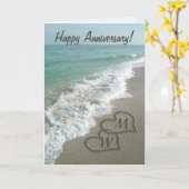 Sand Hearts on Beach Personalized Anniversary Card (Yellow Flower)