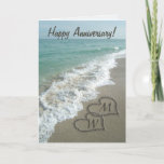 Sand Hearts on Beach Personalized Anniversary Card