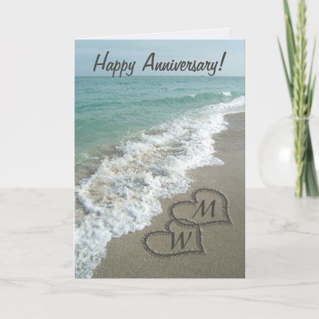 Sand Hearts on Beach Personalized Anniversary Card (Front)