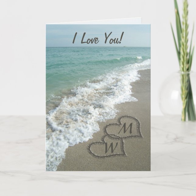 Sand Hearts on Beach Personalized Anniversary Card (Front)