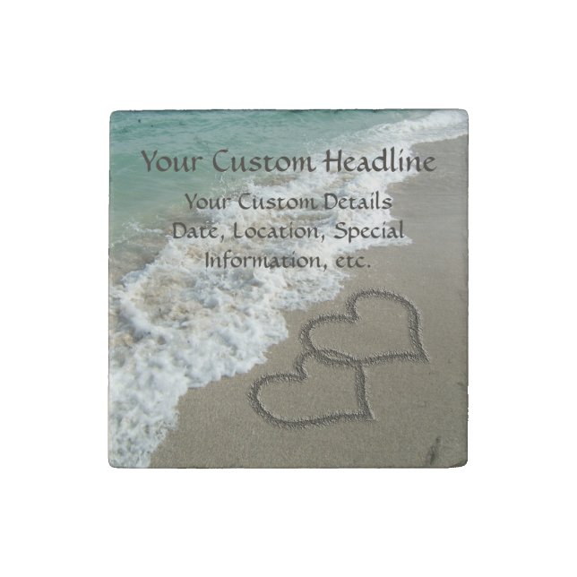 Sand Hearts on Beach, Romantic Save the Date Stone Magnet (Front)