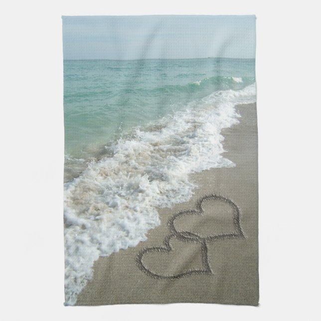 Sand Hearts on the Beach Kitchen Towel (Vertical)