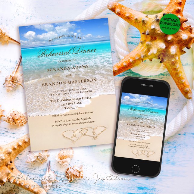 Sand Hearts Tropical Ocean Beach Rehearsal Dinner Invitation (Creator Uploaded)