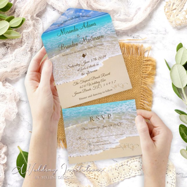Sand Hearts Tropical Ocean Beach Wedding All In One Invitation (Creator Uploaded)
