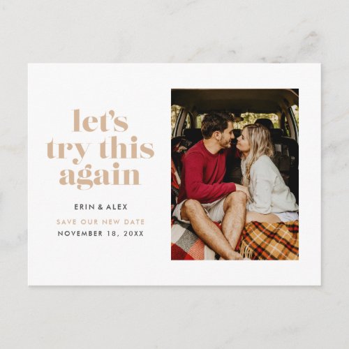 Sand Lets Try This Again Change the Date Wedding Announcement Postcard