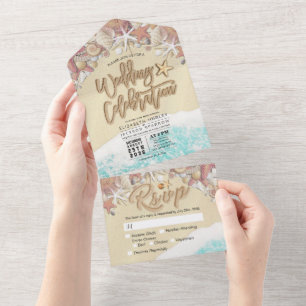 Sand Letter Starfish Seashell Summer Beach Wedding All In One Invitation