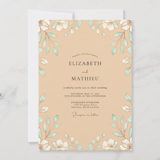 Sand Mint Leafy Wedding Invitation (Front)