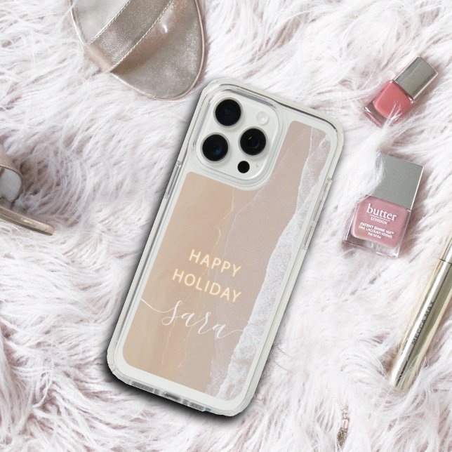 Sand Monogram Beach Neon Happy Holiday Speck iPhone Case (#beach #simle #modern #summer #holiday #christmas #addname #neonhappyholiday #script)