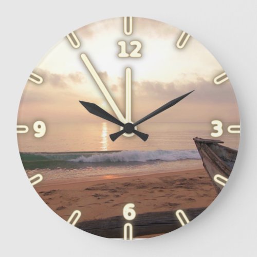 Sand Ocean Sky Sunset   Beach Large Clock