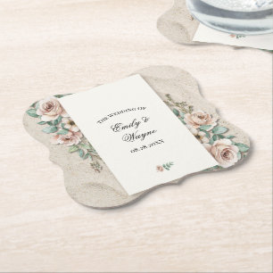 Sand Off-white Sage Green Floral Wedding Paper Coaster