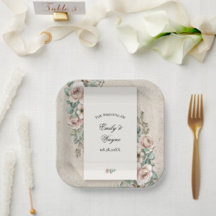 Sand Off-white Sage Green Floral Wedding Paper Plates