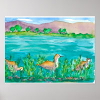AI Watercolor Canvas Wall Painting Duck on a Lake Sunset Mountains
