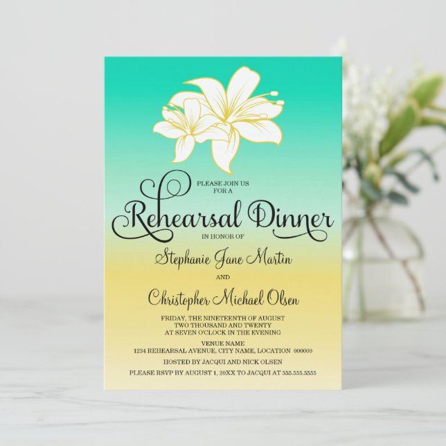Sand & Sea Hibiscus Color Ombre Rehearsal Dinner Invitation (Standing Front)