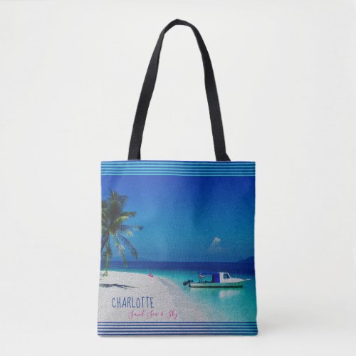 Sand Sea Sky Palm Tree Tropical Beach Personalized Tote Bag