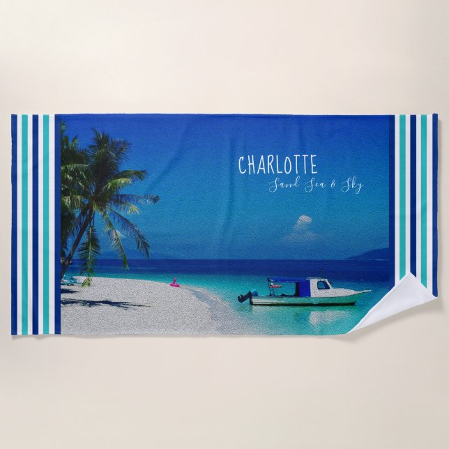 Sand Sea Sky Palm Tree Tropical Beach Personalized Towel (Front)