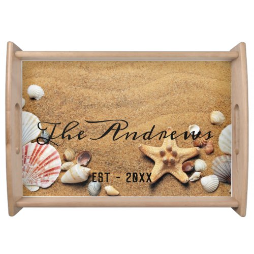 Sand Seashells Calligraphy Beach House Newlyweds Serving Tray