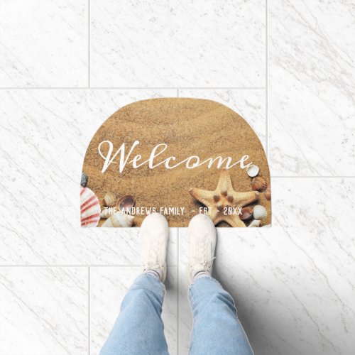 Sand Seashells Ocean Calligraphy Welcome Custom  Doormat