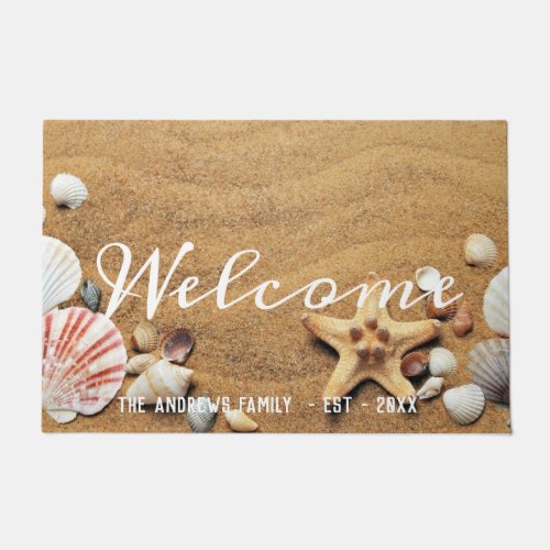 Sand Seashells Ocean Calligraphy Welcome Doormat