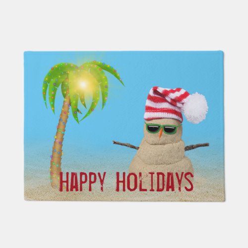 Sand Snowman with Christmas Palm Tree Doormat