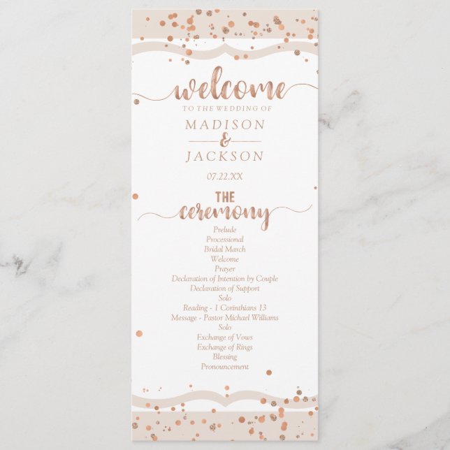 Sand Stripes & Rose Gold Confetti Wedding Program (Front)