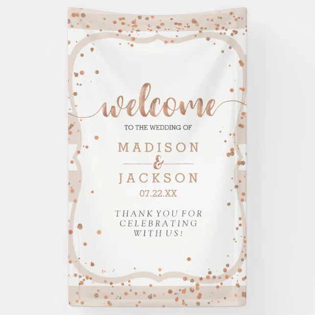 Sand Stripes & Rose Gold Confetti Wedding Welcome Banner | Zazzle