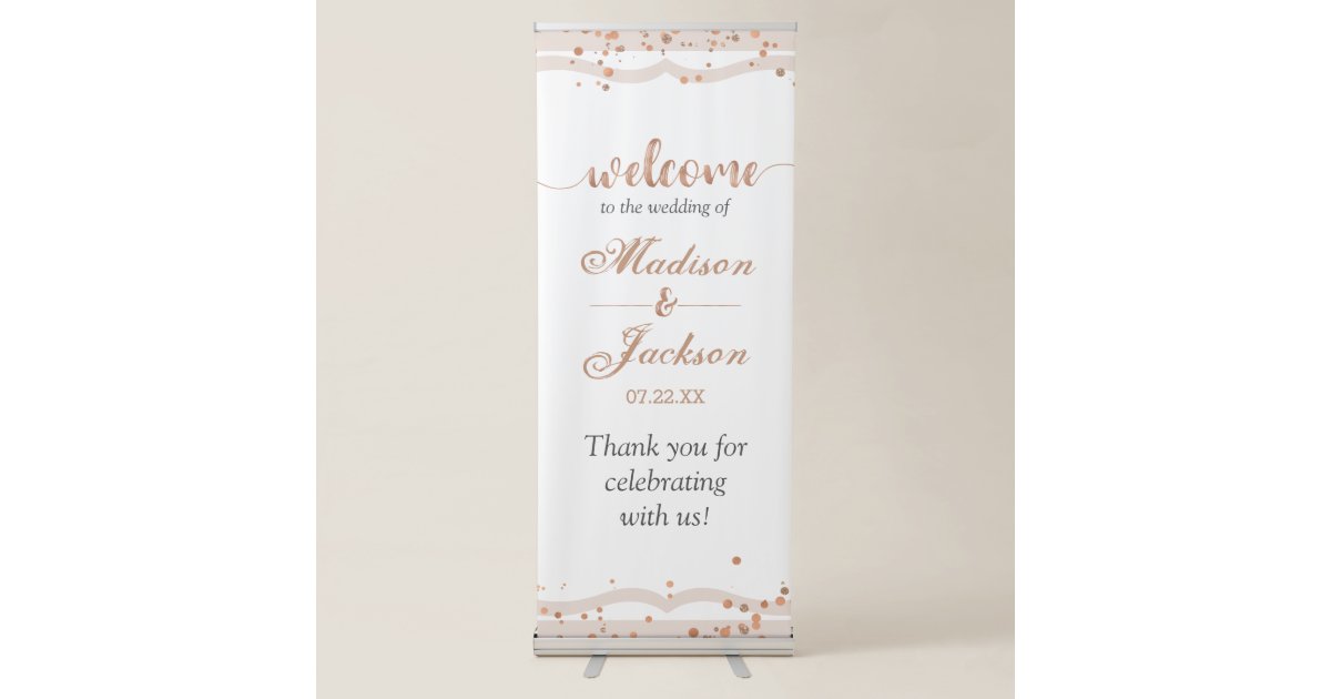 Sand Stripes & Rose Gold Confetti Wedding Welcome Retractable Banner ...