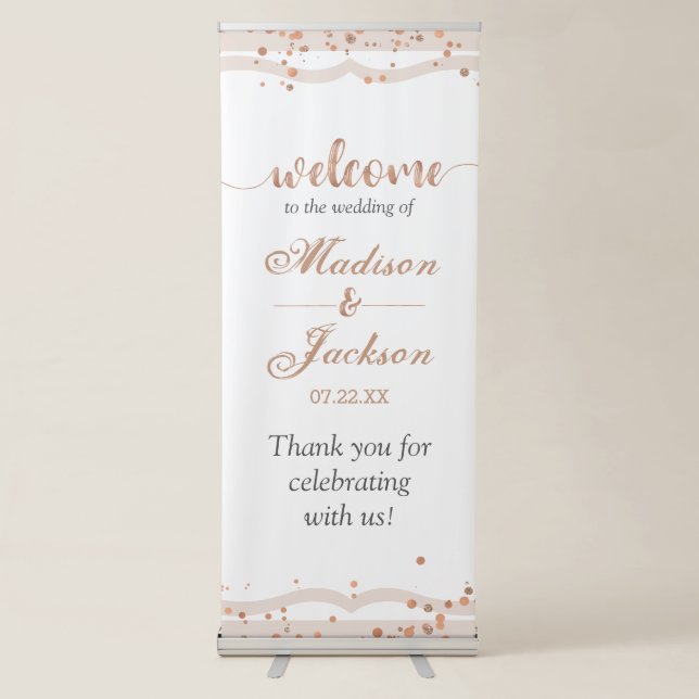 Sand Stripes & Rose Gold Confetti Wedding Welcome Retractable Banner (Front)