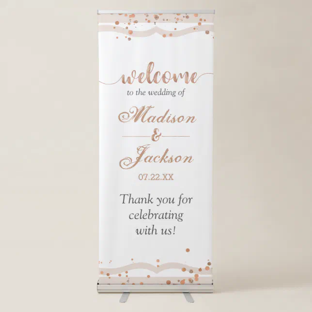 Sand Stripes & Rose Gold Confetti Wedding Welcome Retractable Banner ...