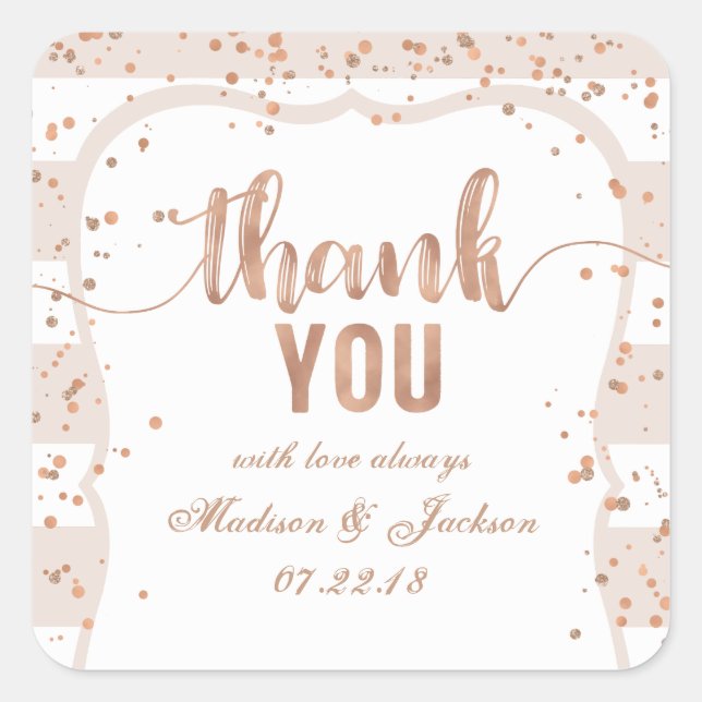 Sand Stripes & Rose Gold Wedding Love Thanks Square Sticker (Front)
