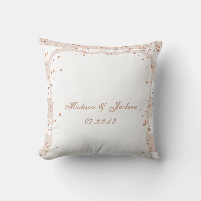 Sand Stripes & Rose Gold Wedding Monogram Ring Throw Pillow (Front)