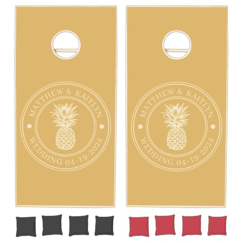 Sand Sunrise Pineapple Wedding Crest & Names Cornhole Set
