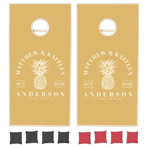 Sand Sunrise Tropical Pineapple Wedding Crest Cornhole Set