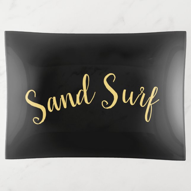 SAND SURF Script On Elegant Rich Modern Black Trinket Tray (Front)
