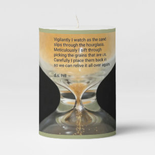 "Sand through the Hourglass" poem on candle
