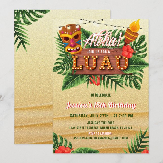 Sand Tropical Luau Birthday Invitation (Front/Back)