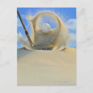 sand wedge hitting a golf ball out of a sand 2 postcard