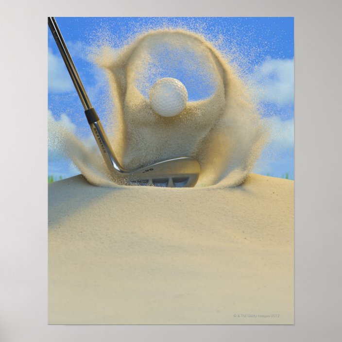 sand wedge hitting a golf ball out of a sand 2 poster