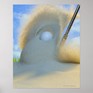 sand wedge hitting a golf ball out of a sand poster