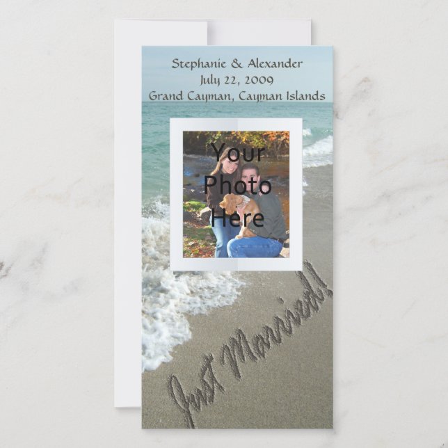 Sand Writing on the Beach, Just Married Announcement (Front)