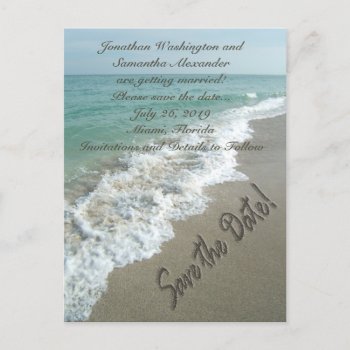 Sand Writing On The Beach Save The Date Postcard by CustomInvites at Zazzle